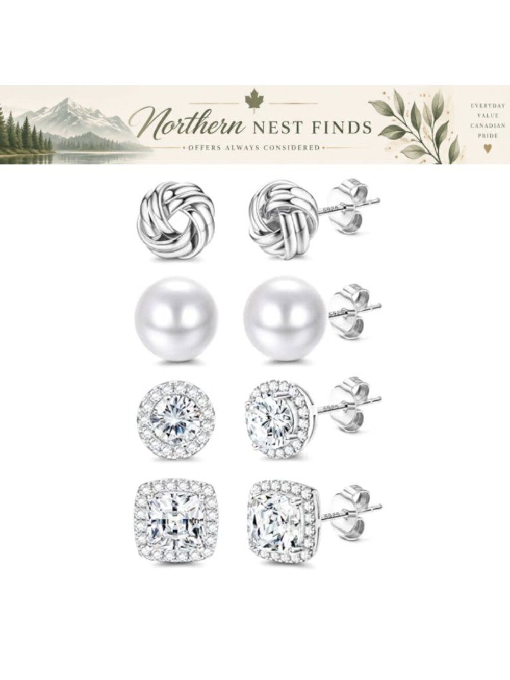 14K Gold Plated S925 Sterling Silver Hypoallergenic Stud Earring Set 4 Pairs
